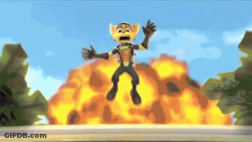 A Cartoon Character Is Jumping In The Air In Front Of A Huge Explosion GIF