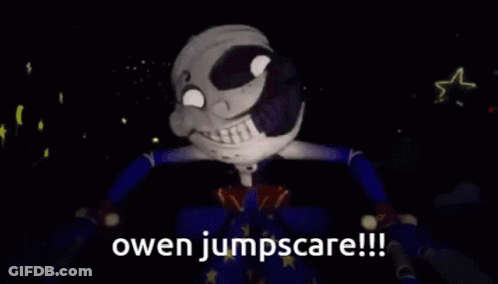 A Cartoon Character Is Jumping In The Air With The Words `` Owen Jumpscare '' Written On The Bottom . GIF