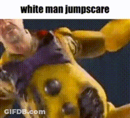 A Cartoon Character Is Jumping In The Air With The Words `` White Man Jumpscare '' Written Above Him . GIF