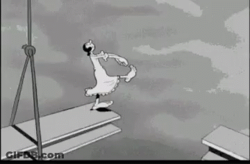 A Cartoon Character Is Jumping Over A Bridge In A Black And White Drawing . GIF