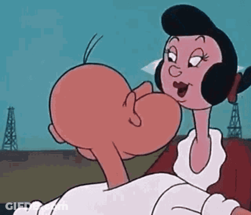 A Cartoon Character Is Kissing A Woman On The Cheek . GIF