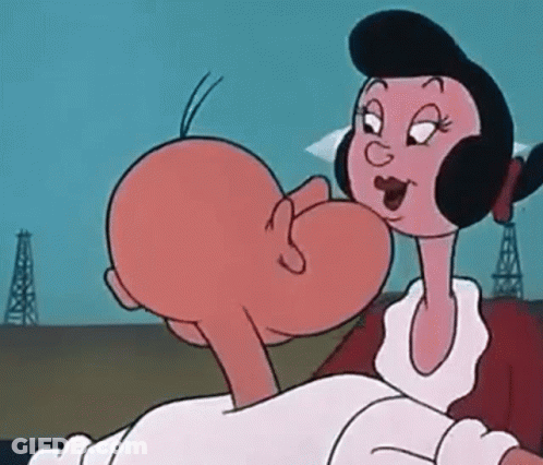A Cartoon Character Is Kissing Another Character On The Cheek In A Field . GIF