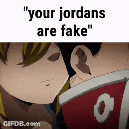 A Cartoon Character Is Kissing Another Character 'S Neck And The Words `` Your Jordans Are Fake '' Are On The Bottom . GIF