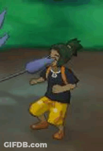 A Cartoon Character Is Kneeling Down And Holding A Sword In His Hand . GIF