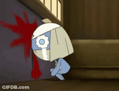 A Cartoon Character Is Kneeling Down In Front Of A Wall With Blood On It GIF