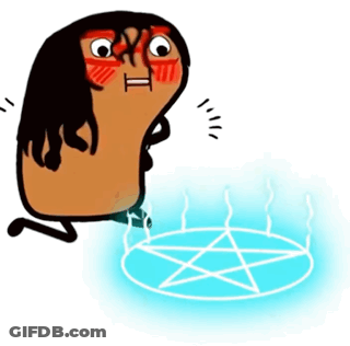A Cartoon Character Is Kneeling In Front Of A Blue Pentagram GIF