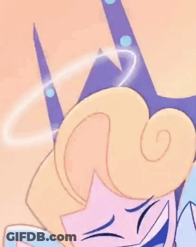 A Cartoon Character Is Laughing With A Sword In Her Hair . GIF