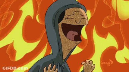 A Cartoon Character Is Laughing With His Mouth Open In Front Of A Fire . GIF