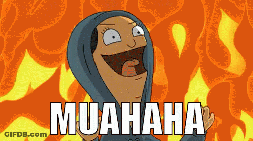 A Cartoon Character Is Laughing With The Words Muahaha In Front Of A Fire Background GIF