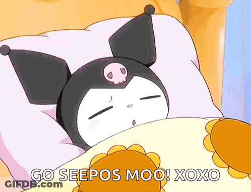 A Cartoon Character Is Laying In A Bed With The Words `` Go Seepos Moo ! Xoxo '' . GIF