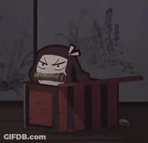 A Cartoon Character Is Laying In A Box With A Speech Bubble Coming Out Of It . GIF