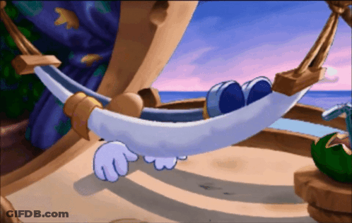 A Cartoon Character Is Laying In A Hammock With A Sunset In The Background GIF