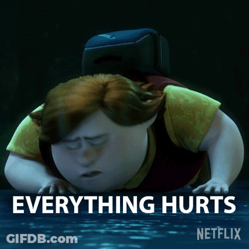 A Cartoon Character Is Laying In The Water With The Words " Everything Hurts " Written Above Him GIF