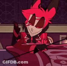 A Cartoon Character Is Laying On A Bed Holding A Sword GIF