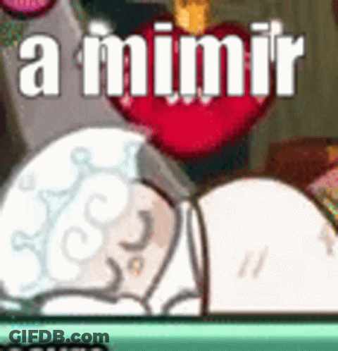 A Cartoon Character Is Laying On A Bed With A Heart In The Background And The Words `` A Mimir '' Written On It . GIF