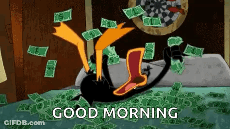 A Cartoon Character Is Laying On A Bed With A Pile Of Money . GIF