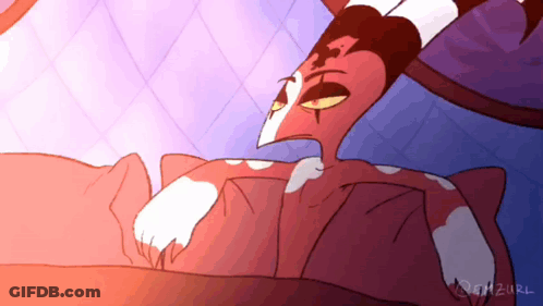 Cartoon Character Lying On Bed With Purple Blanket GIF
