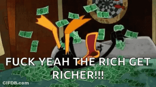 A Cartoon Character Is Laying On A Bed With Money Flying Around Him . GIF