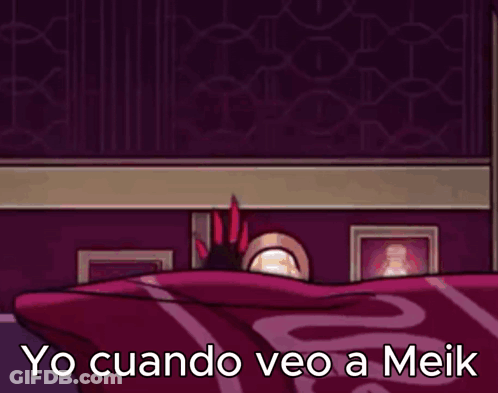 A Cartoon Character Is Laying On A Bed With The Words `` Yo Cuando Veo A Meik '' . GIF