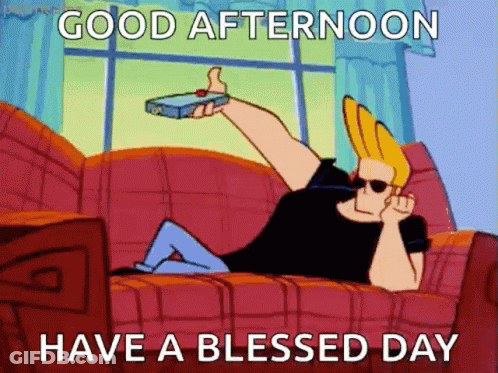 A Cartoon Character Is Laying On A Couch Holding A Remote Control And Says Good Afternoon Have A Blessed Day GIF