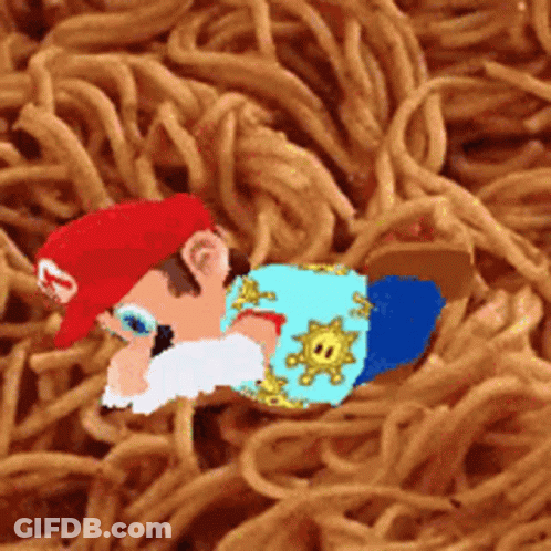 A Cartoon Character Is Laying On A Pile Of Noodles . GIF