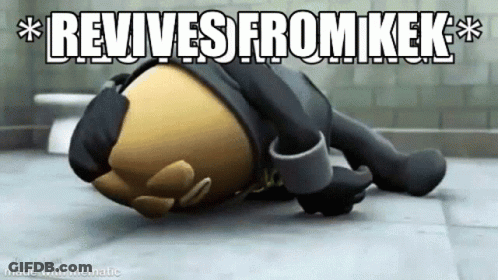 A Cartoon Character Is Laying On The Floor With The Words `` Revives From Kek '' Written On It . GIF