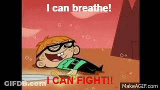 A Cartoon Character Is Laying On The Ground With A Sword And The Words `` I Can Breathe '' And `` I Can Fight '' GIF