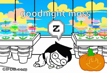 A Cartoon Character Is Laying On The Ground With The Words Goodnight Moss Written Above Him GIF