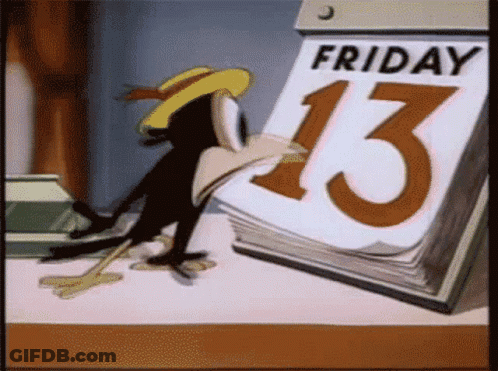 A Cartoon Character Is Looking At A Calendar That Says Friday 13 GIF