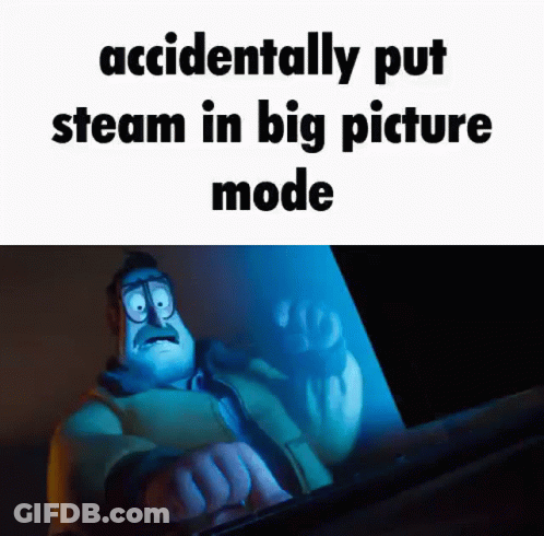 A Cartoon Character Is Looking At A Computer Screen With The Words Accidentally Put Steam In Big Picture Mode Below Him GIF