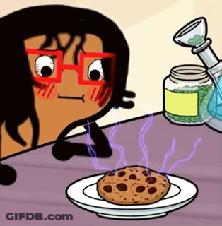 A Cartoon Character Is Looking At A Cookie On A Plate Next To A Bong GIF