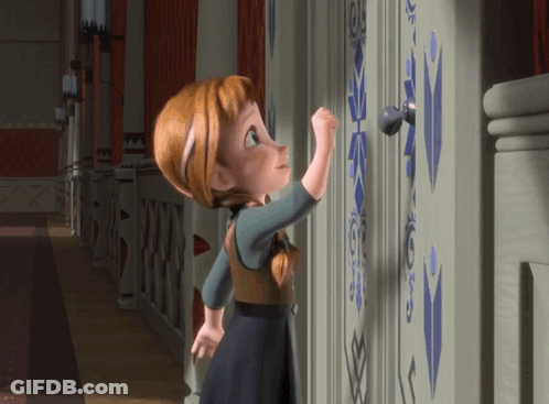 A Cartoon Character Is Looking At A Door With A Snowflake Design On It GIF