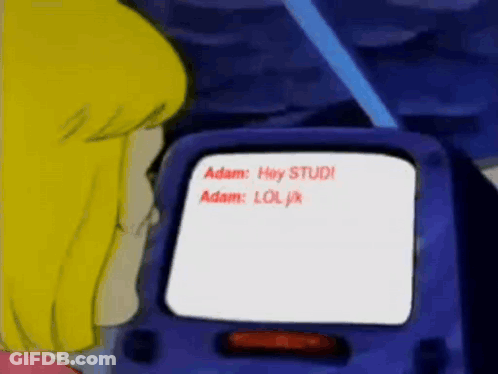 A Cartoon Character Is Looking At A Screen That Says Adam Hey Stud Adam Loljx GIF