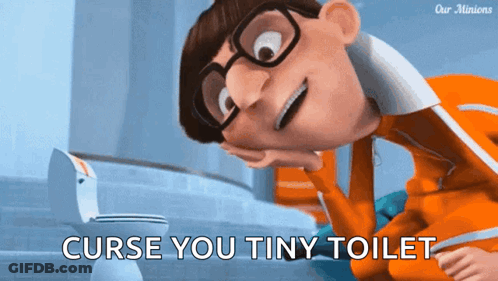 A Cartoon Character Is Looking At A Toilet With The Words Curse You Tiny Toilet Below Him GIF