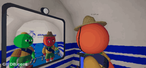 A Cartoon Character Is Looking At Himself In The Mirror GIF