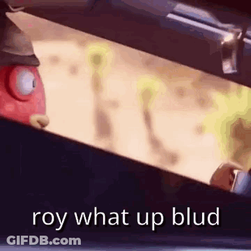 A Cartoon Character Is Looking Out Of A Car Window And Says Roy What Up Blud . GIF