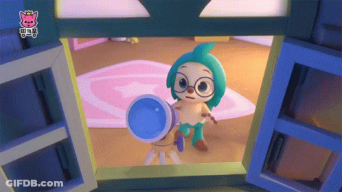 A Cartoon Character Is Looking Through A Telescope With A Pink Cat On The Bottom Right GIF