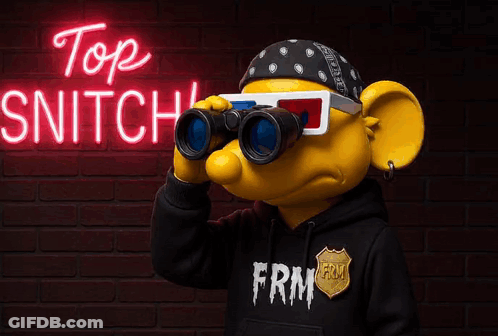 A Cartoon Character Is Looking Through Binoculars In Front Of A Top Snitch Neon Sign GIF
