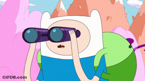 A Cartoon Character Is Looking Through Binoculars With Mountains Behind Him GIF