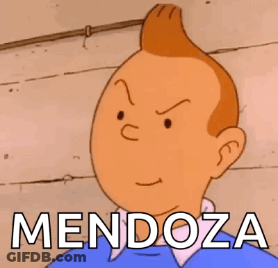 A Cartoon Character Is Making A Funny Face And The Word Mendoza Is On His Chest . GIF