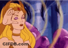 A Cartoon Character Is Making A Funny Face While Holding Her Hand To Her Face . GIF