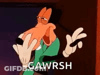 A Cartoon Character Is Making A Peace Sign With His Hands And The Words `` Gawrsh '' Written Below Him . GIF