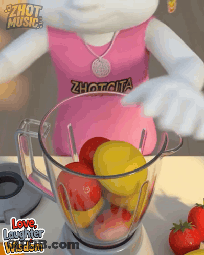 A Cartoon Character Is Making A Smoothie In A Blender GIF