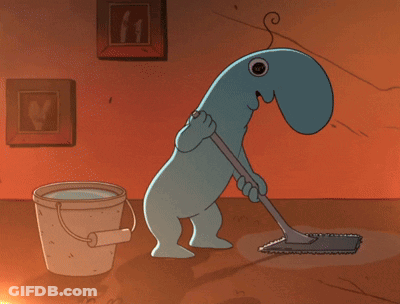 A Cartoon Character Is Mopping The Floor With A Bucket In The Background GIF