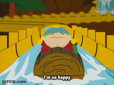 A Cartoon Character Is On A Roller Coaster And Says " I 'M So Happy " GIF