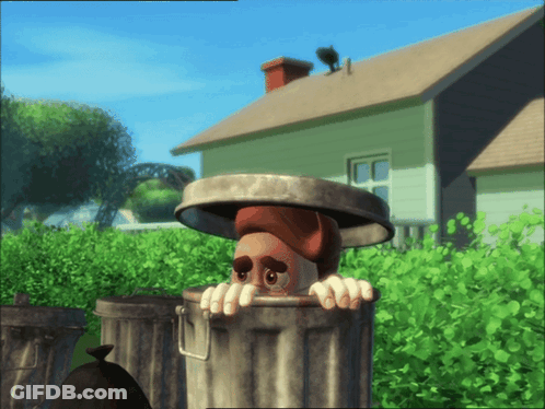 A Cartoon Character Is Peeking Out Of A Garbage Can GIF