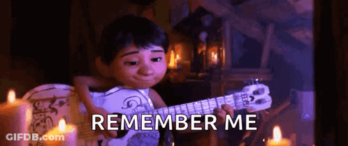 A Cartoon Character Is Playing A Guitar In A Dark Room With Candles And The Words `` Remember Me '' . GIF
