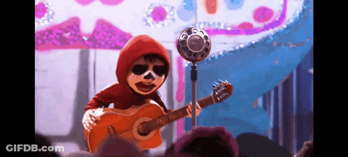 A Cartoon Character Is Playing A Guitar In Front Of A Crowd . GIF