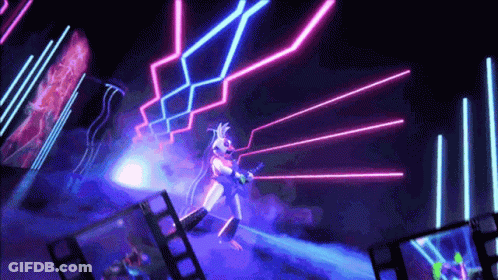 A Cartoon Character Is Playing A Guitar On A Stage With Neon Lights Behind Her . GIF