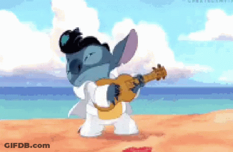 A Cartoon Character Is Playing A Guitar On The Beach GIF